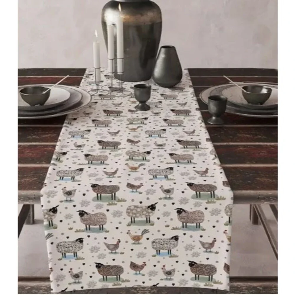 Table Runner 13x108in Linen Country Sheep Chickens Farm